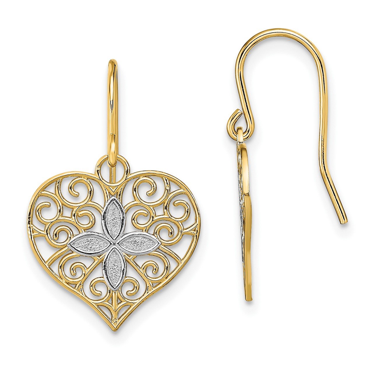 14K with Rhodium Polished Filigree Heart Shepherd Hook Earrings