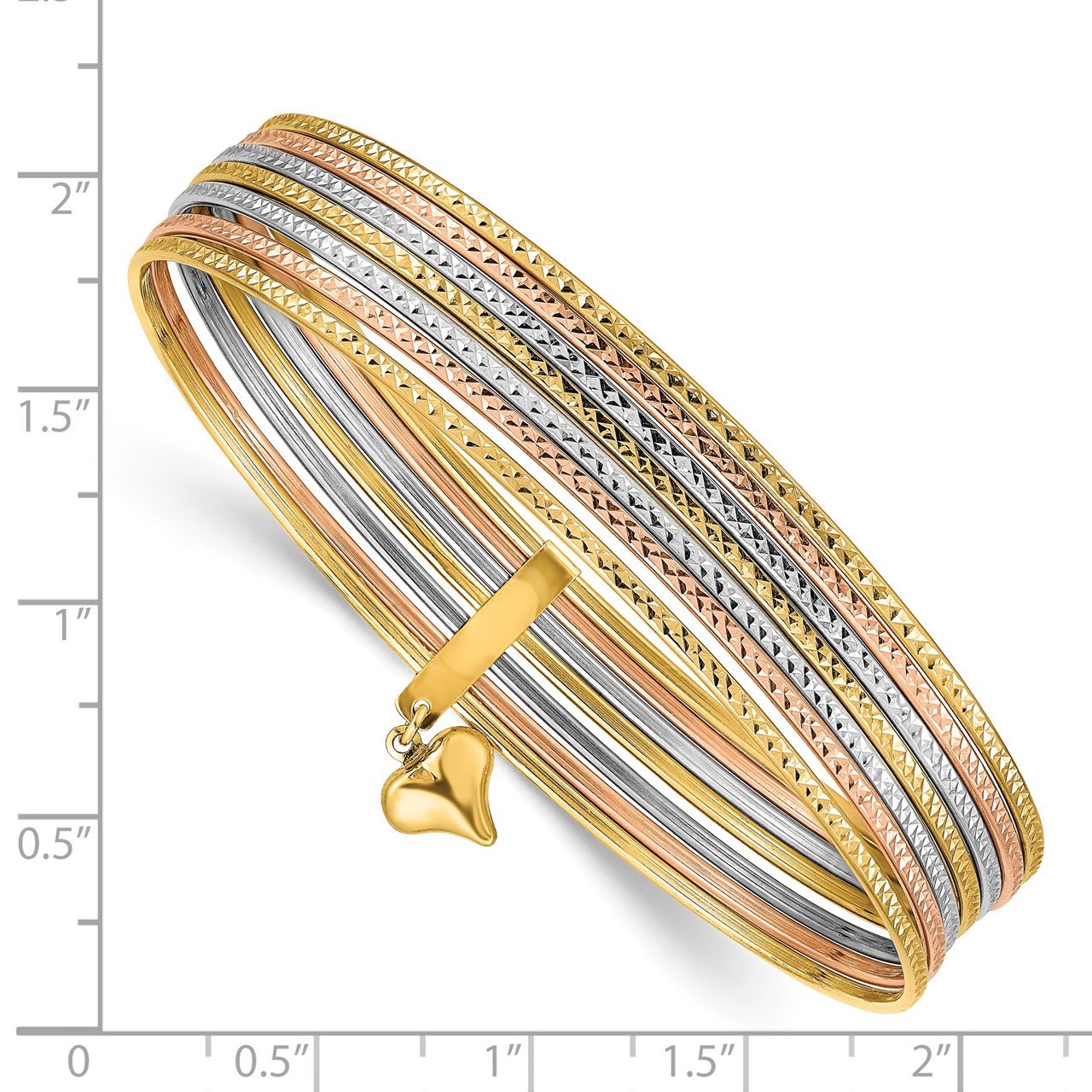 14K with Dangle Heart Tri-color Oversized Set of 7 Textured Slip-on Bangles-2