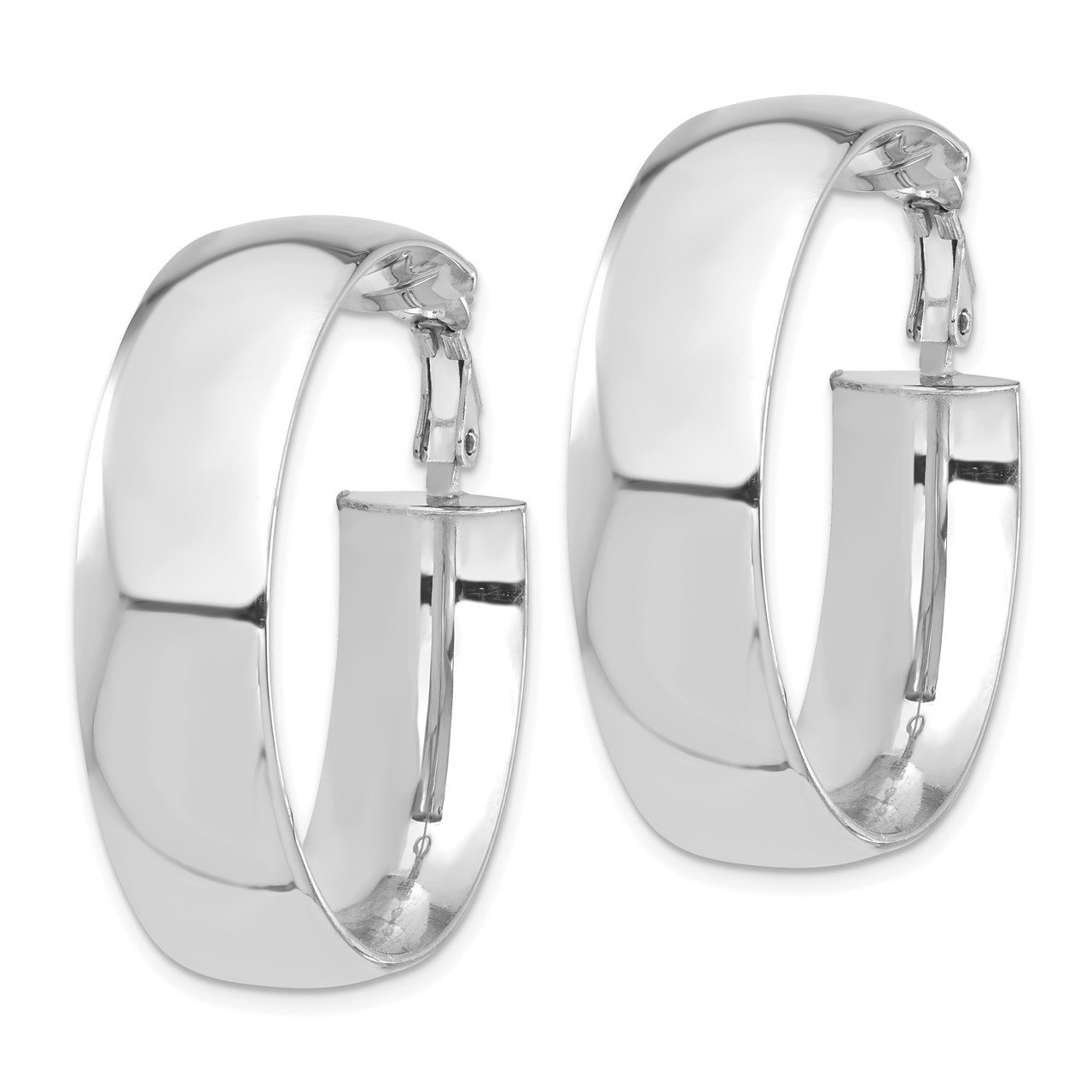 14k White Gold High Polished 10mm Omega Back Hoop Earrings-1