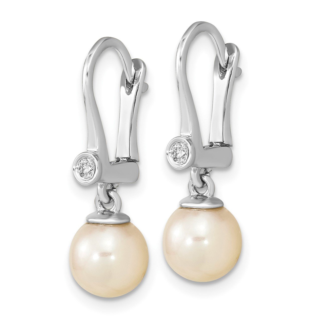 14K White Gold 7-8mm Round White Saltwater Akoya Pearl .05ct Dia. Dangle Ea-1