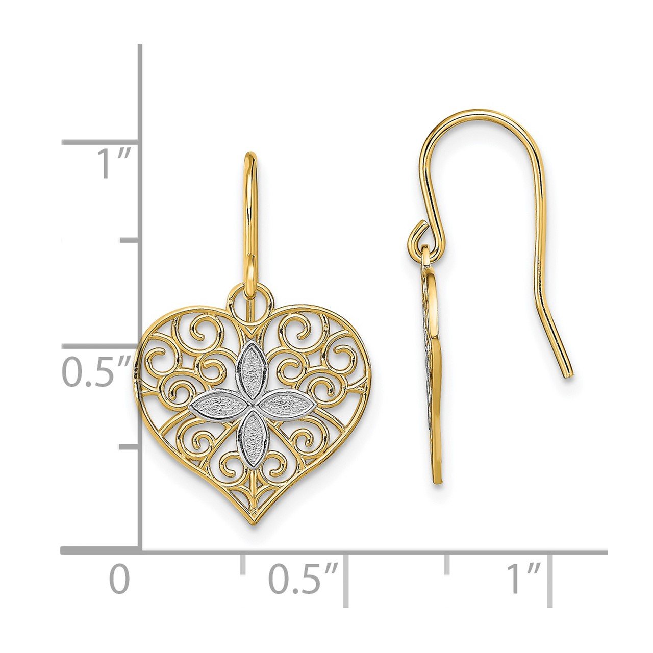 14K with Rhodium Polished Filigree Heart Shepherd Hook Earrings-2