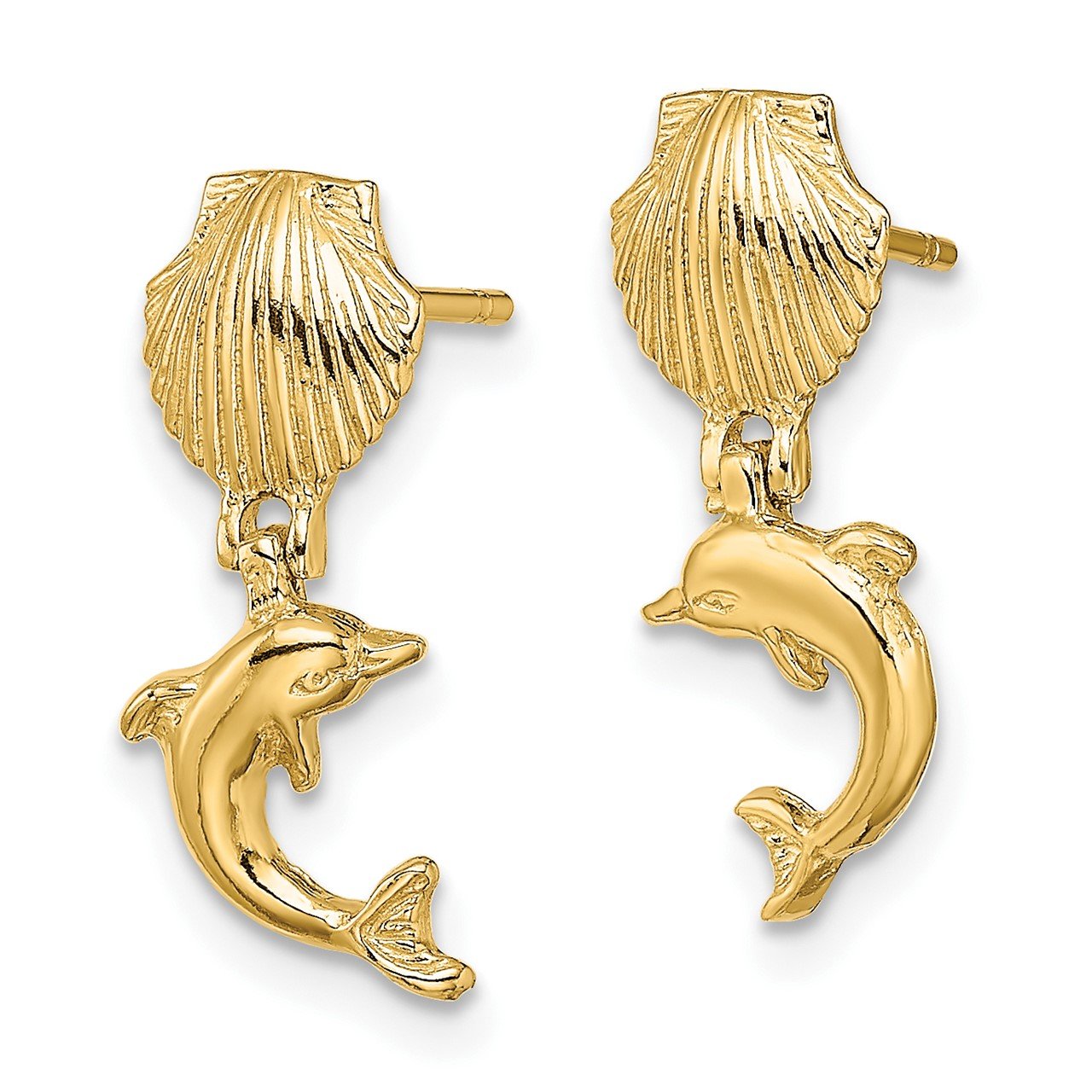 14K Dolphin Dangle From Mini Scallop Earrings-1