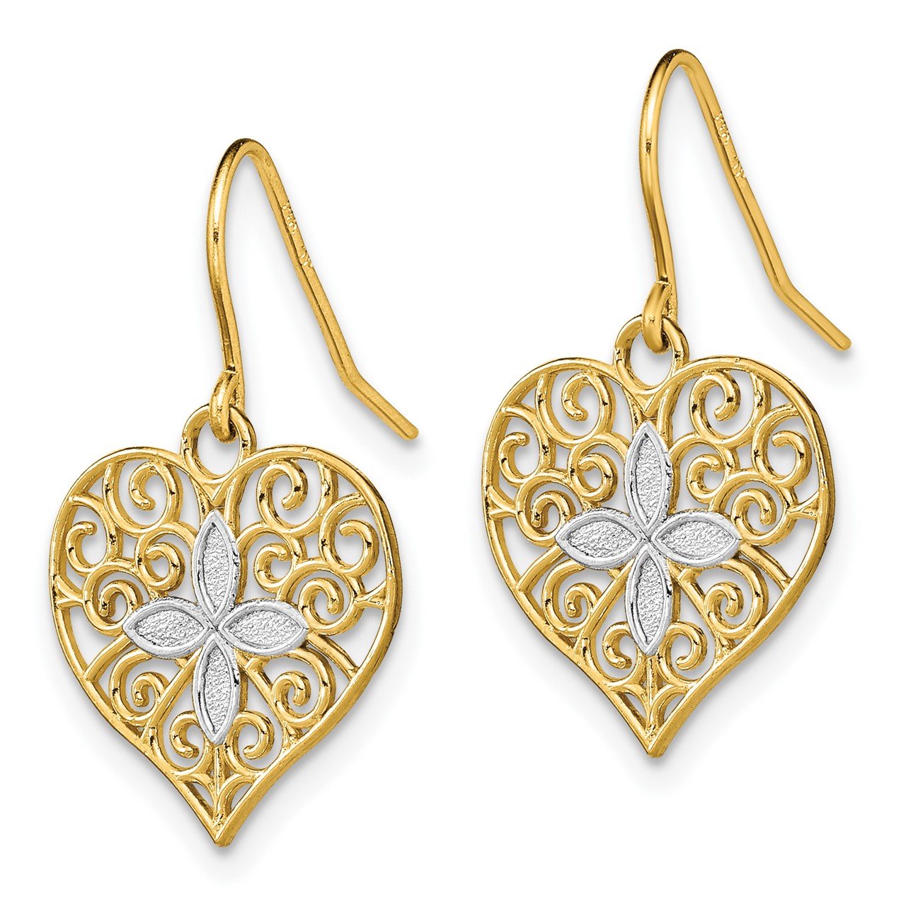 14K with Rhodium Polished Filigree Heart Shepherd Hook Earrings-1