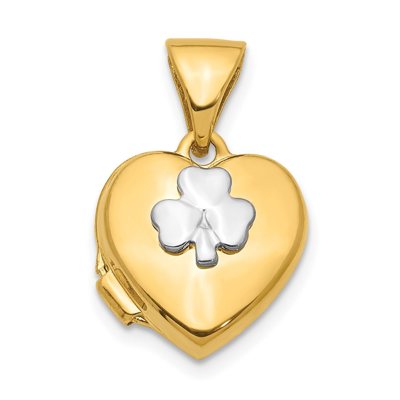 14K with Rhodium 11mm Clover Heart Locket Pendant
