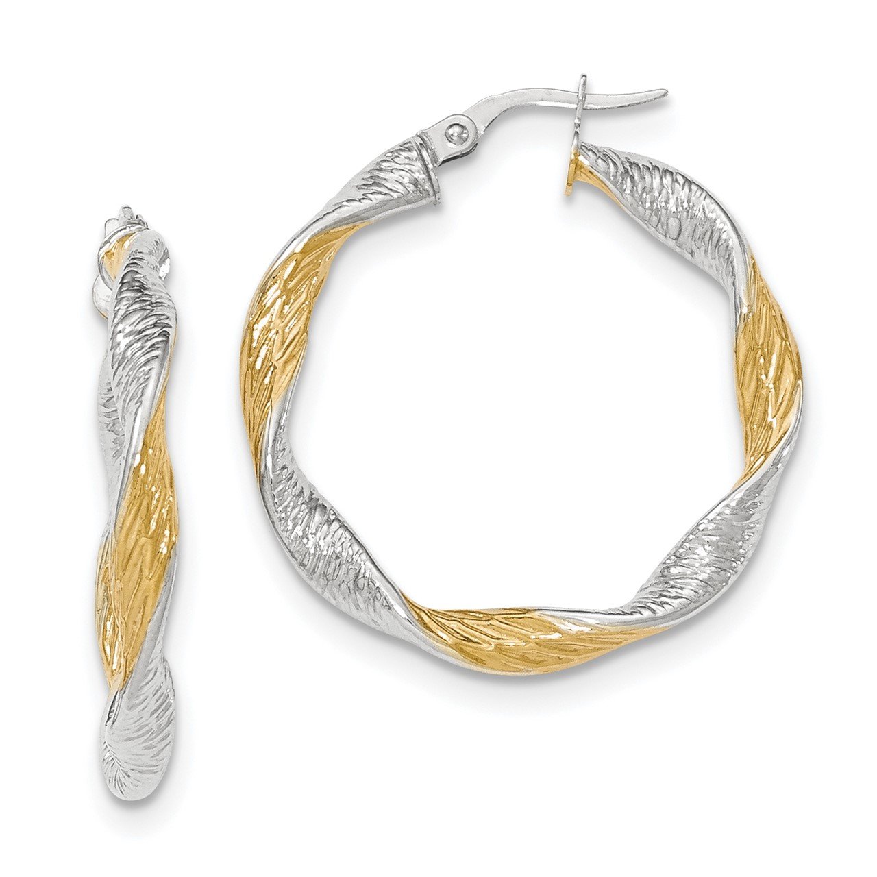 14K White Gold with Yellow Rhodium Textured Twisted Hoop Earrings
