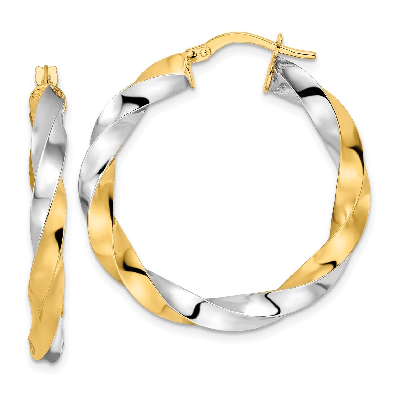 14K and Rhodium Polished Twisted Hoop Earrings