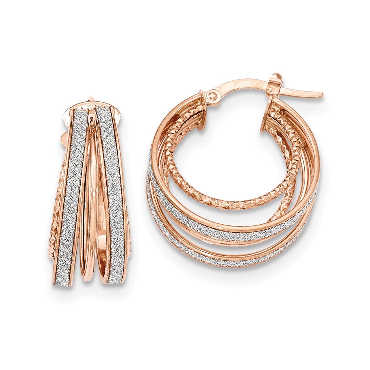 14k Rose Gold Polished Glitter Infused Textured Hoop Earrings