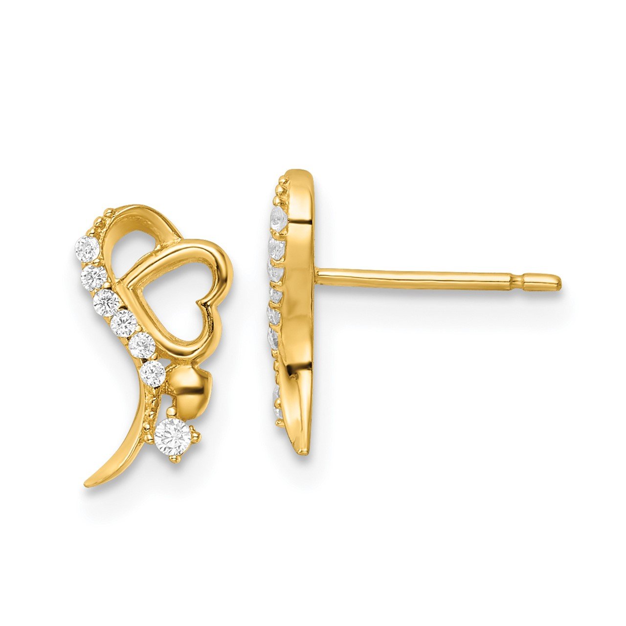14k Yellow Gold Polished CZ and Heart Post Earrings