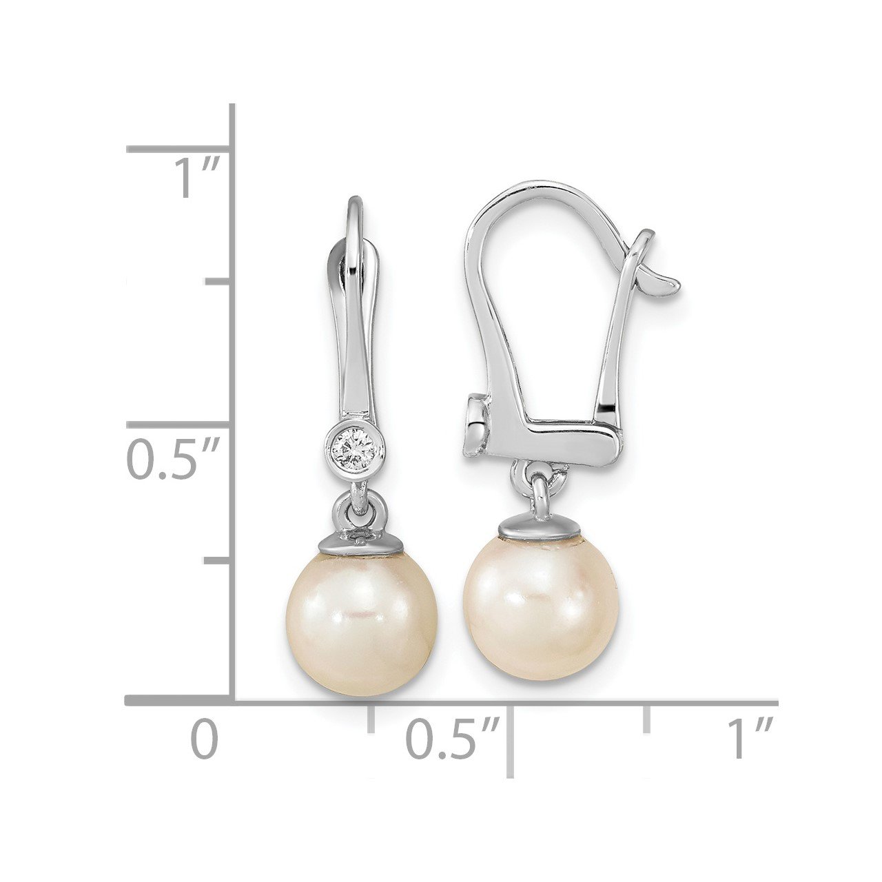 14K White Gold 7-8mm Round White Saltwater Akoya Pearl .05ct Dia. Dangle Ea-2