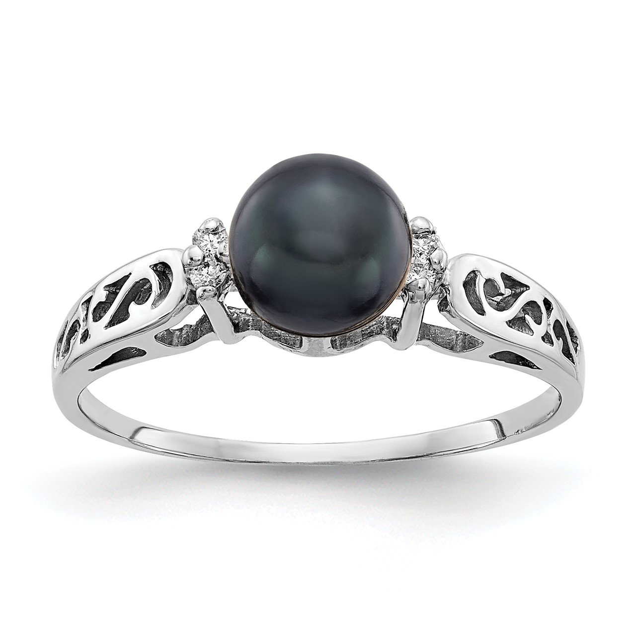 14k White Gold 6mm Black FW Cultured Pearl VS Diamond ring