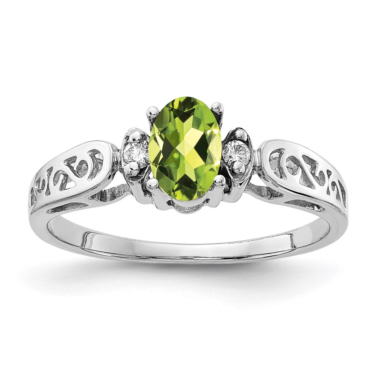 14k White Gold 6x4mm Oval Peridot AA Diamond ring
