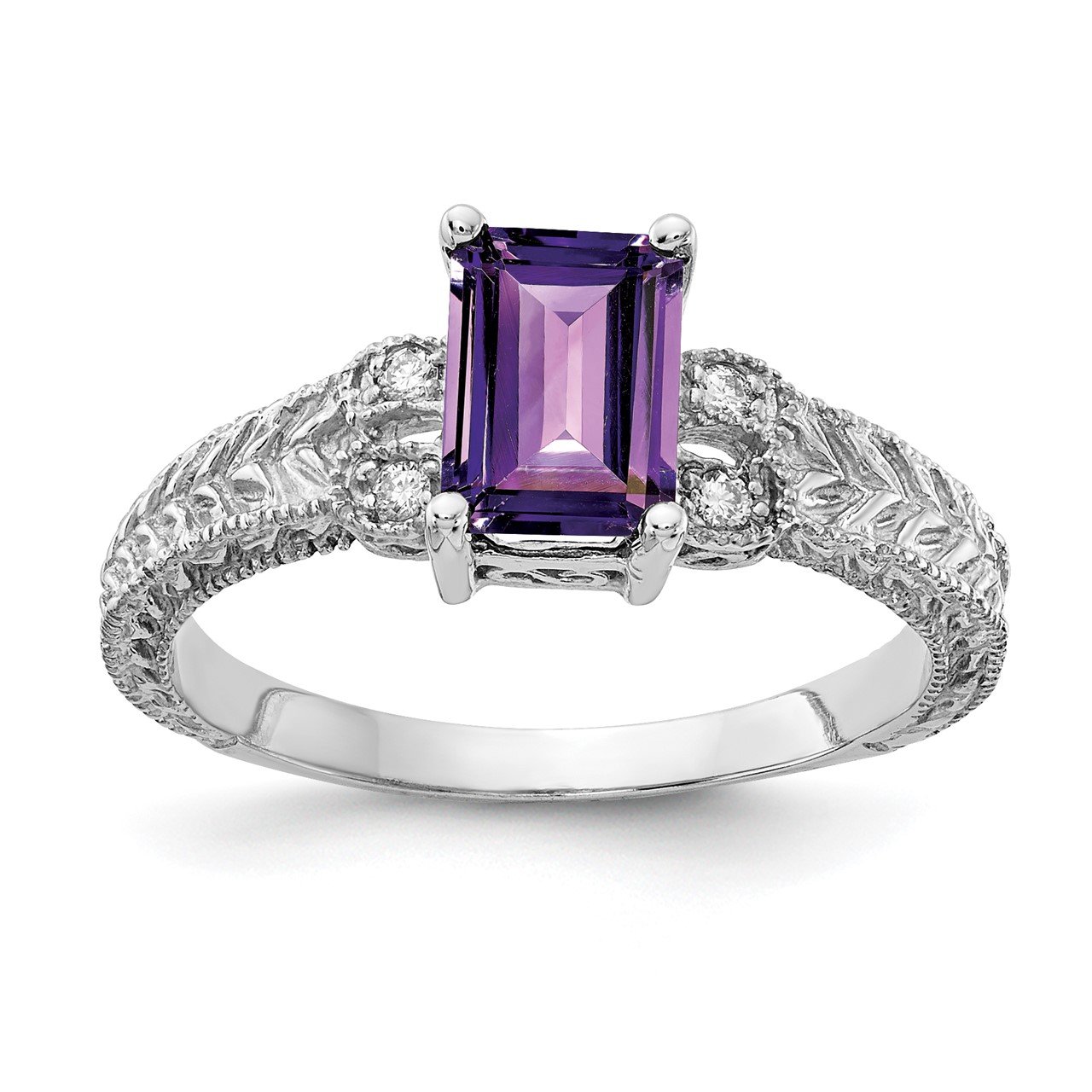 14k White Gold 7x5mm Emerald Cut Amethyst AA Diamond ring