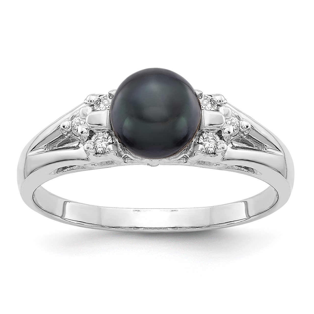 14k White Gold 6mm Black FW Cultured Pearl AA Diamond ring