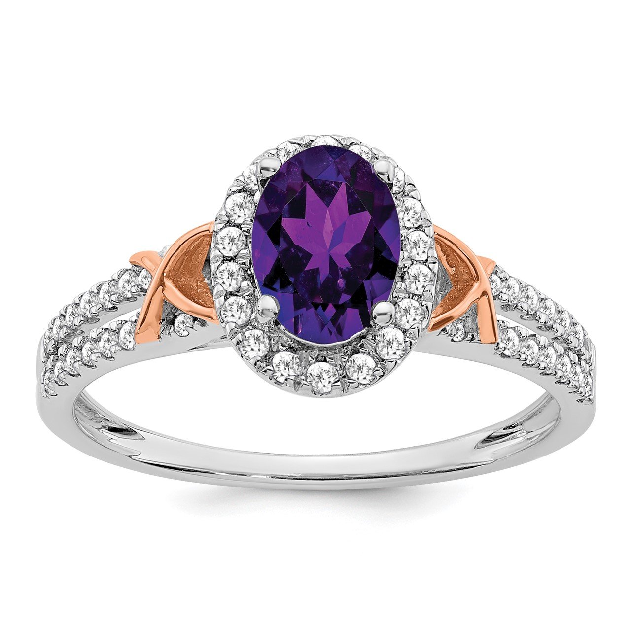 14k White Gold with RG Accent Amethyst and Diamond Halo Ring